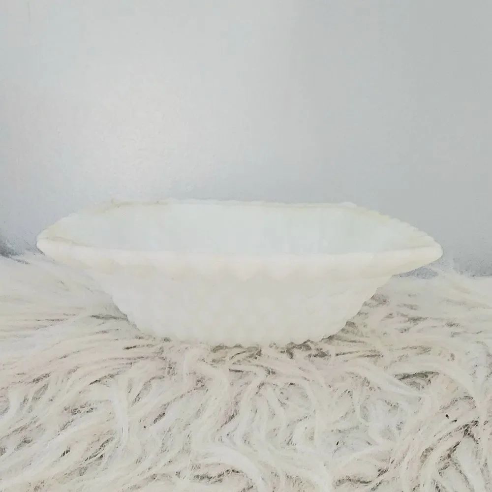 Vintage Milk Glass Square Bowl / Candy Dish Diamond Pattern mid century white